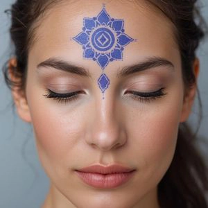 Le visage d'une femme avec le symbole du chakra ajna peint sur le front, expression de ses dons de médiumnité et de voyance