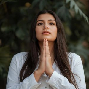 Une femme mains jointes en prière