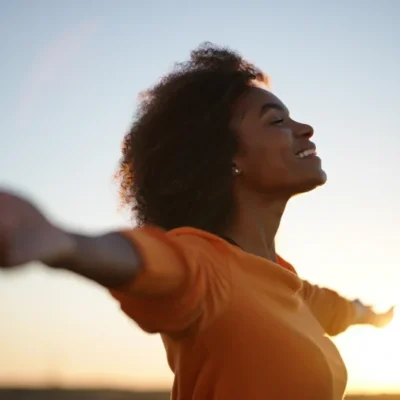 femme souriante & heureuse ouvrant les bras pour saluer le soleil couchant