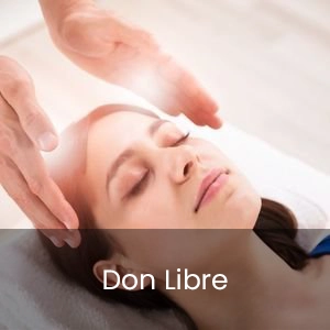 Des mains rayonnant de lumière qui soignent une femme apaisée avec la mention "Don libre"