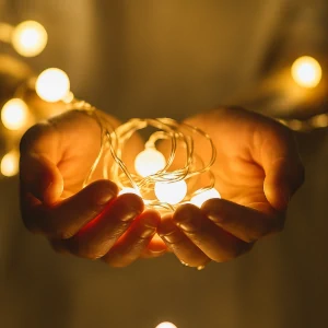 2 mains jointes portant une guirlande de lumière